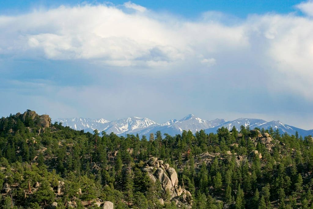 View of snow capped Sangre de Cristo Mountains from Browns Canyon National Monument