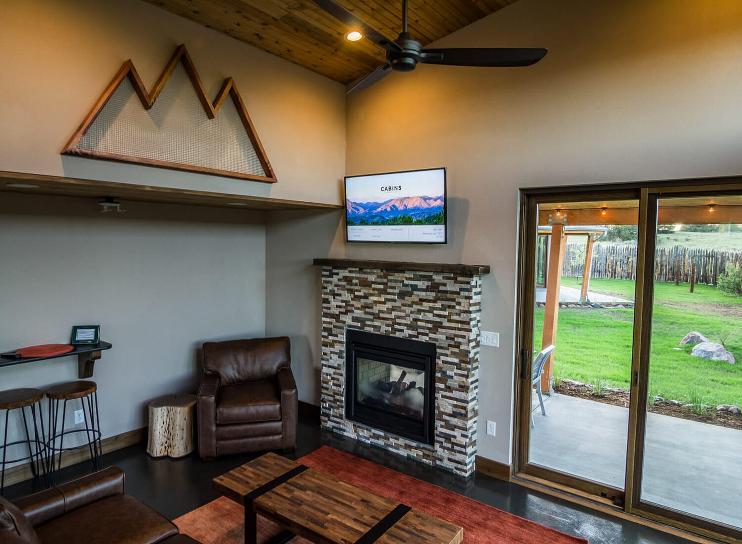 Living room with double sided fireplace