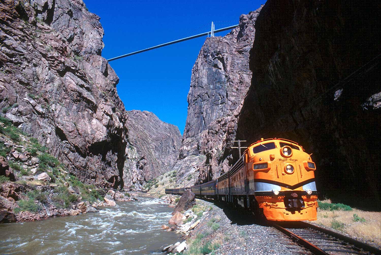view or Royal Gorge Route Train travelling through the Royal Gorge