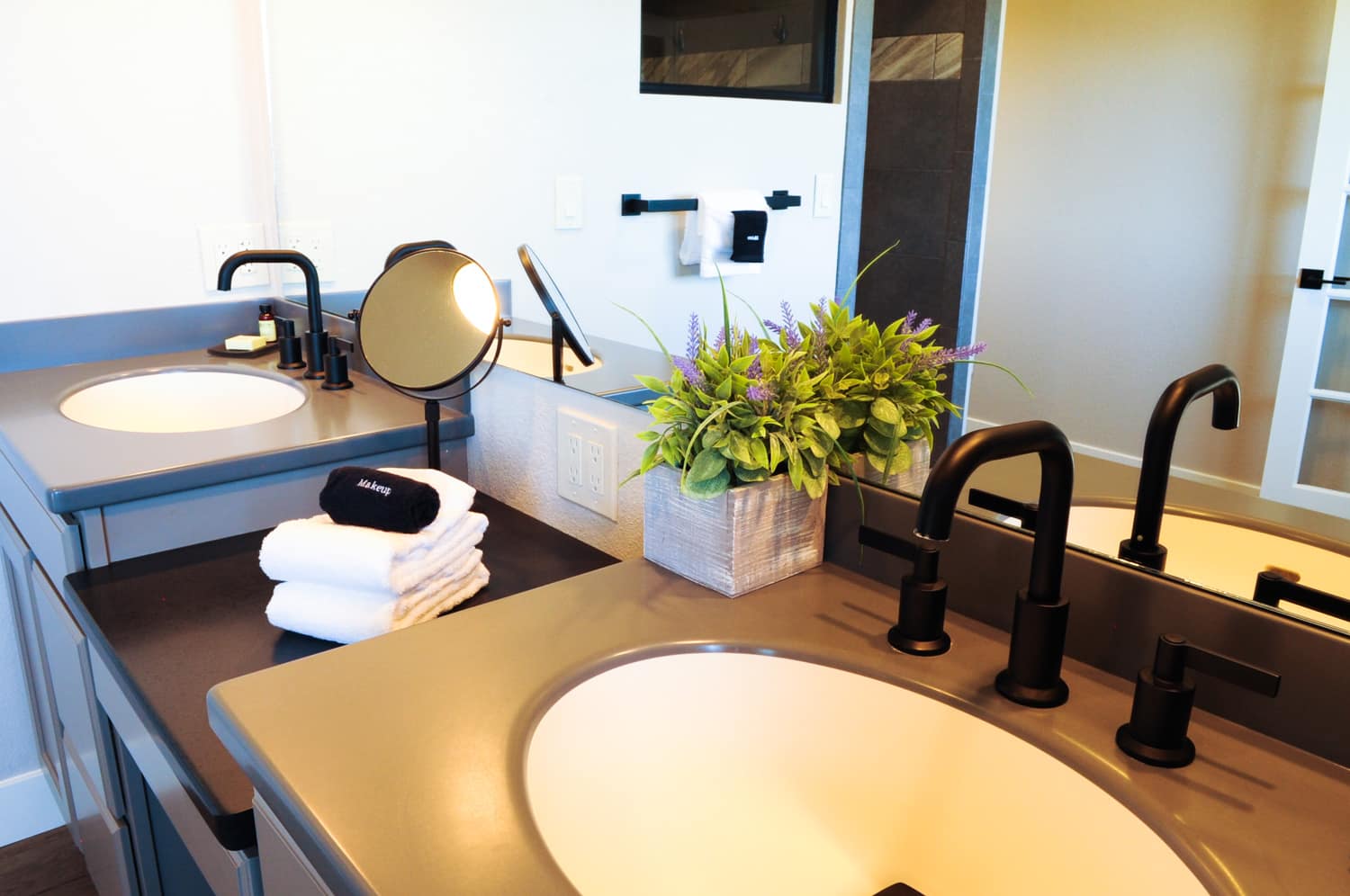 detail of master bathroom dual sinks