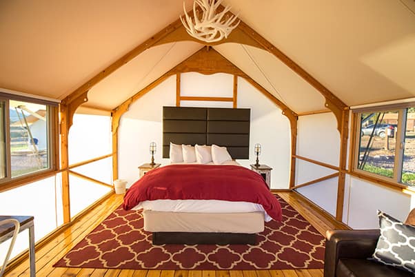 The interior of the single queen glamping tent