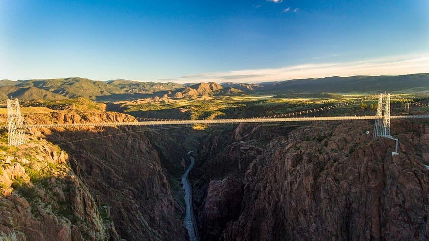 aerial view of Royal Gorge Bridge and gorge surroundings