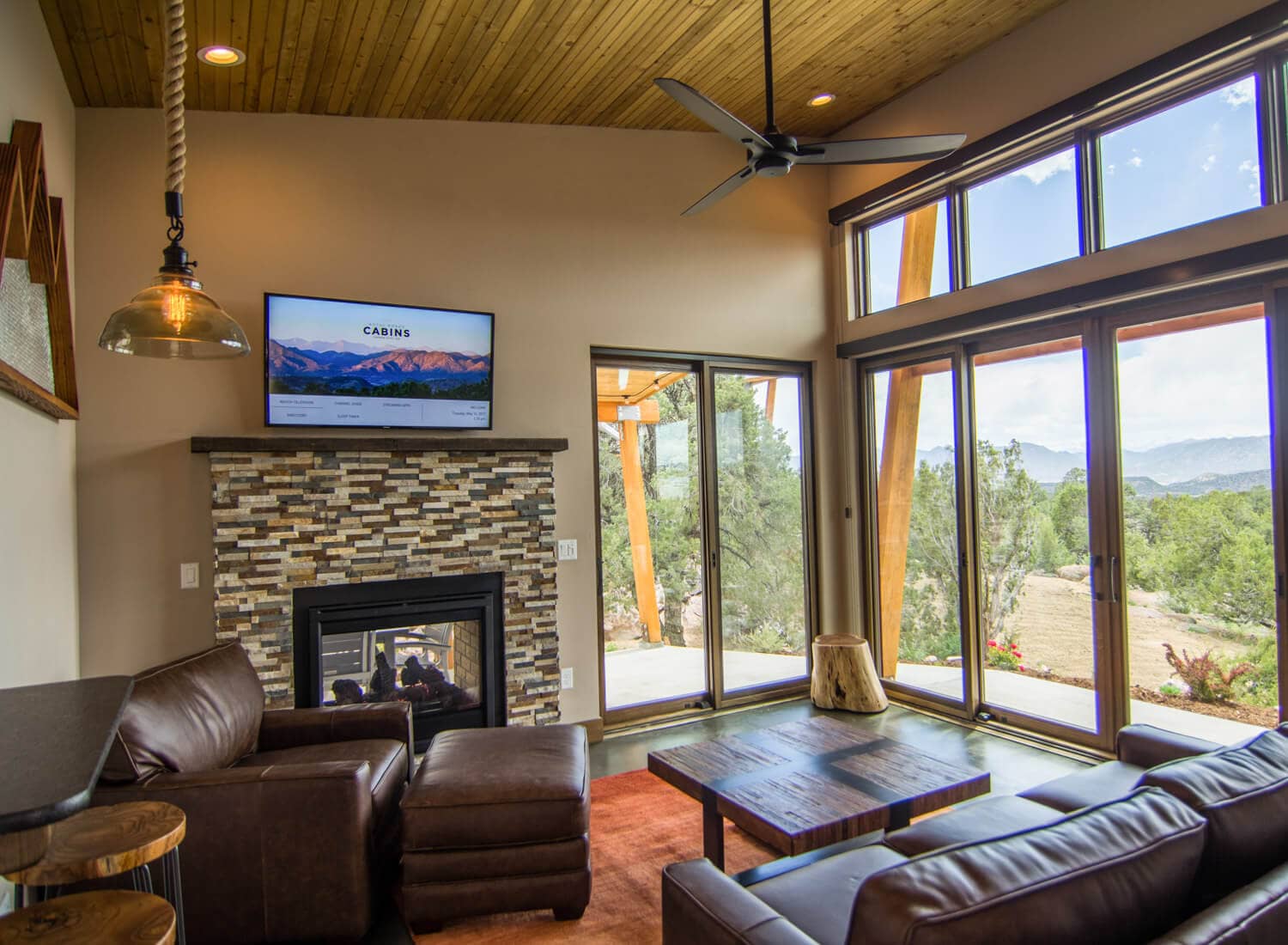 Single King Cabin living room and mountain views