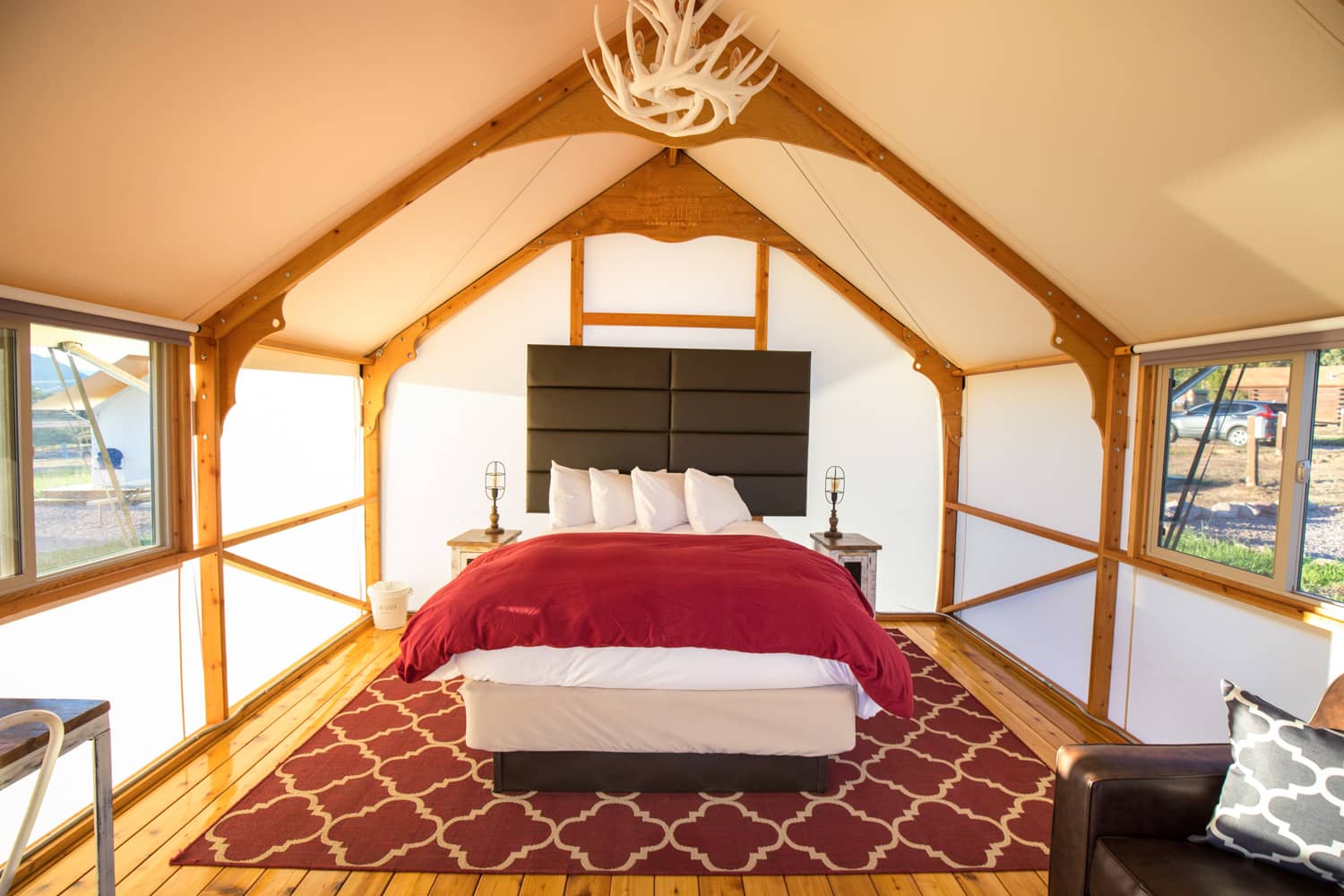 Interior of a single queen glamping tent