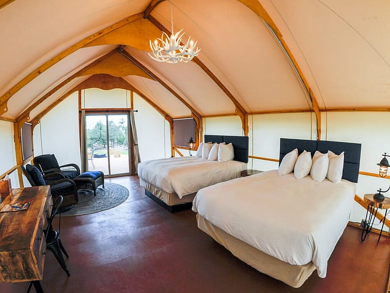 interior of double queen glamping tent