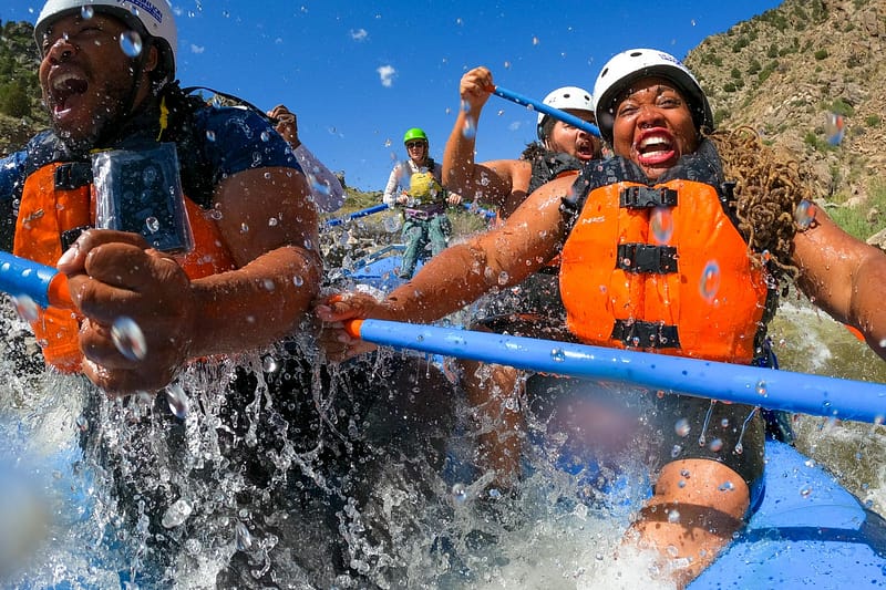 Raft navigating whitewater rapids in the Arkansas River.