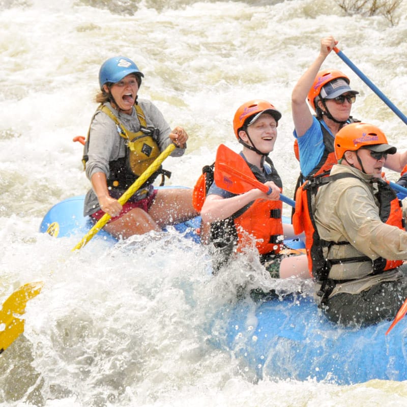 A family rafting a half-day rafting trip on the Arkansas River.