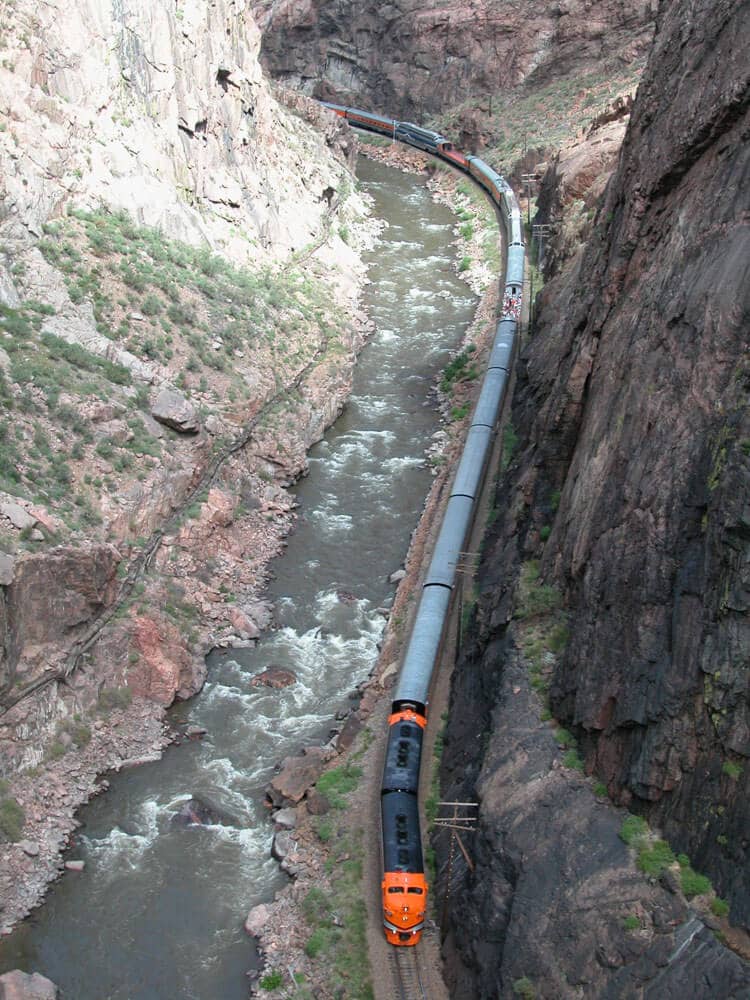 view of royal gorge route train from bridge