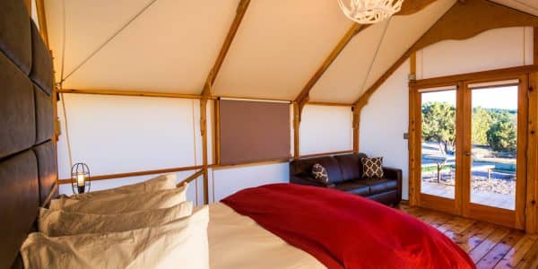 Comfortable furnishings in glamping tent at Royal Gorge Cabins